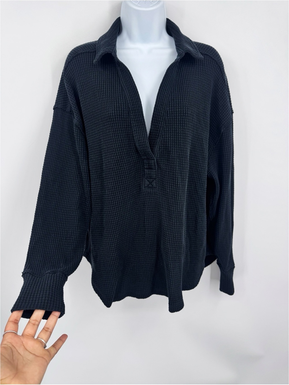 Aerie Black Waffle Knit Pullover Size Small Oversized Comfy